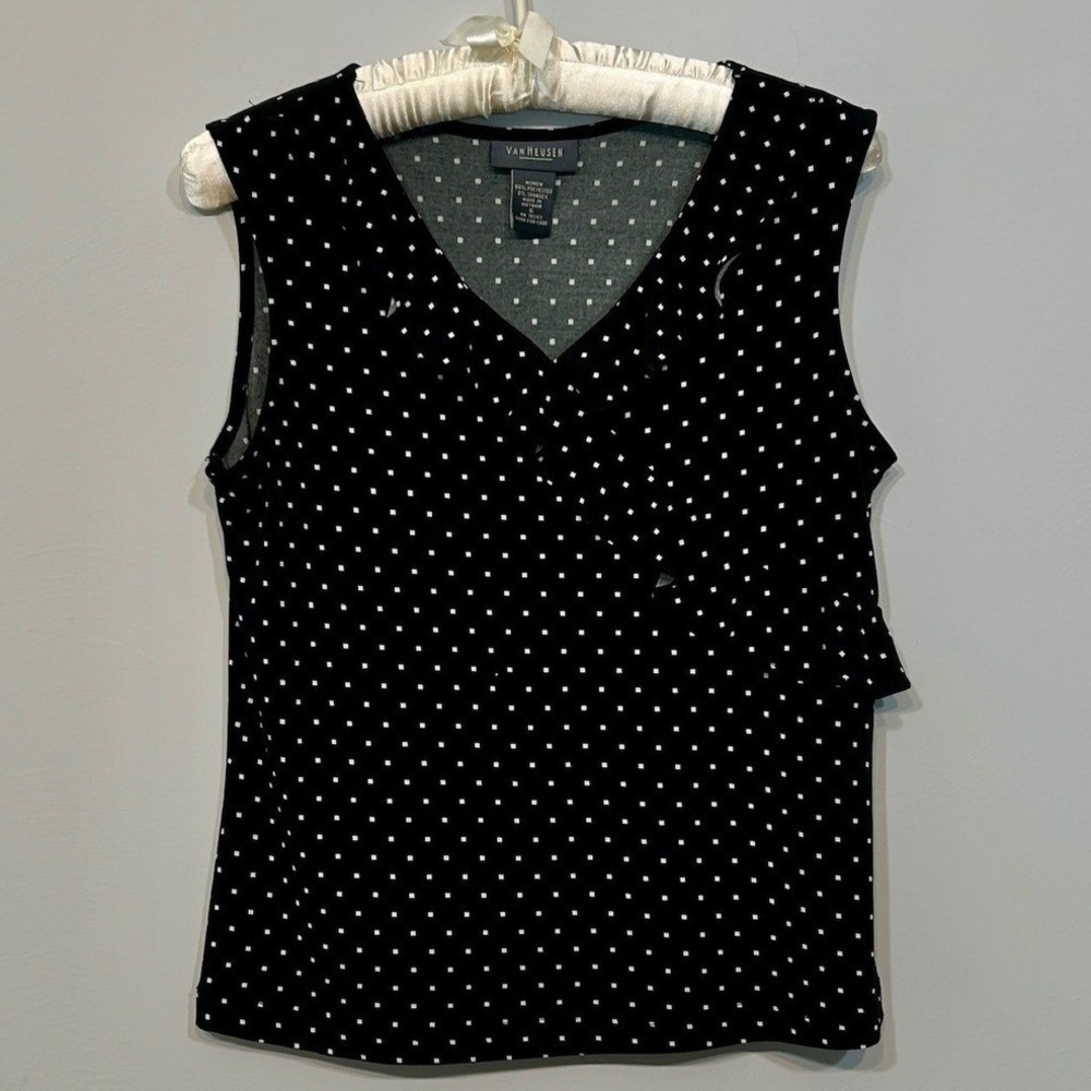 Van Heusen Polka Dot Sleeveless Top Female S Black Ruffle‎ V-Neck Stretch